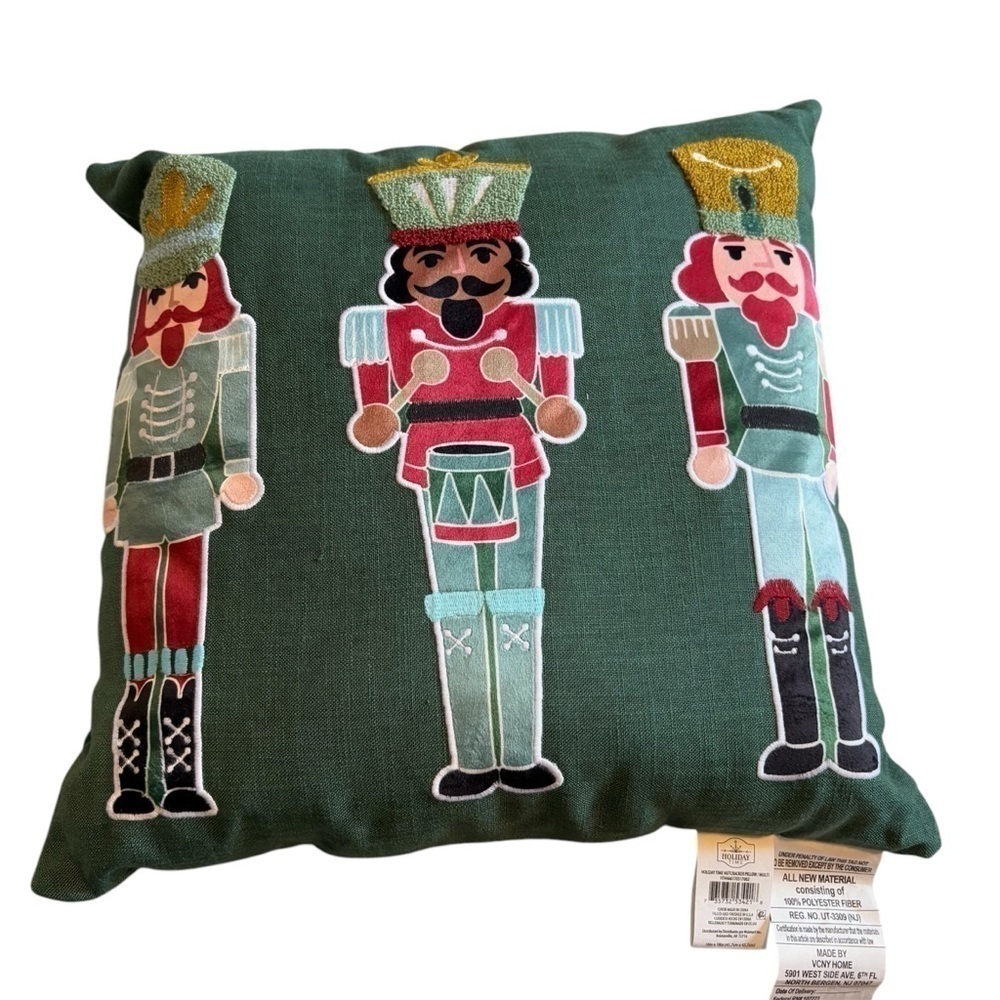 Nutcracker Christmas Throw Pillow NEW Green Square Holiday Textured